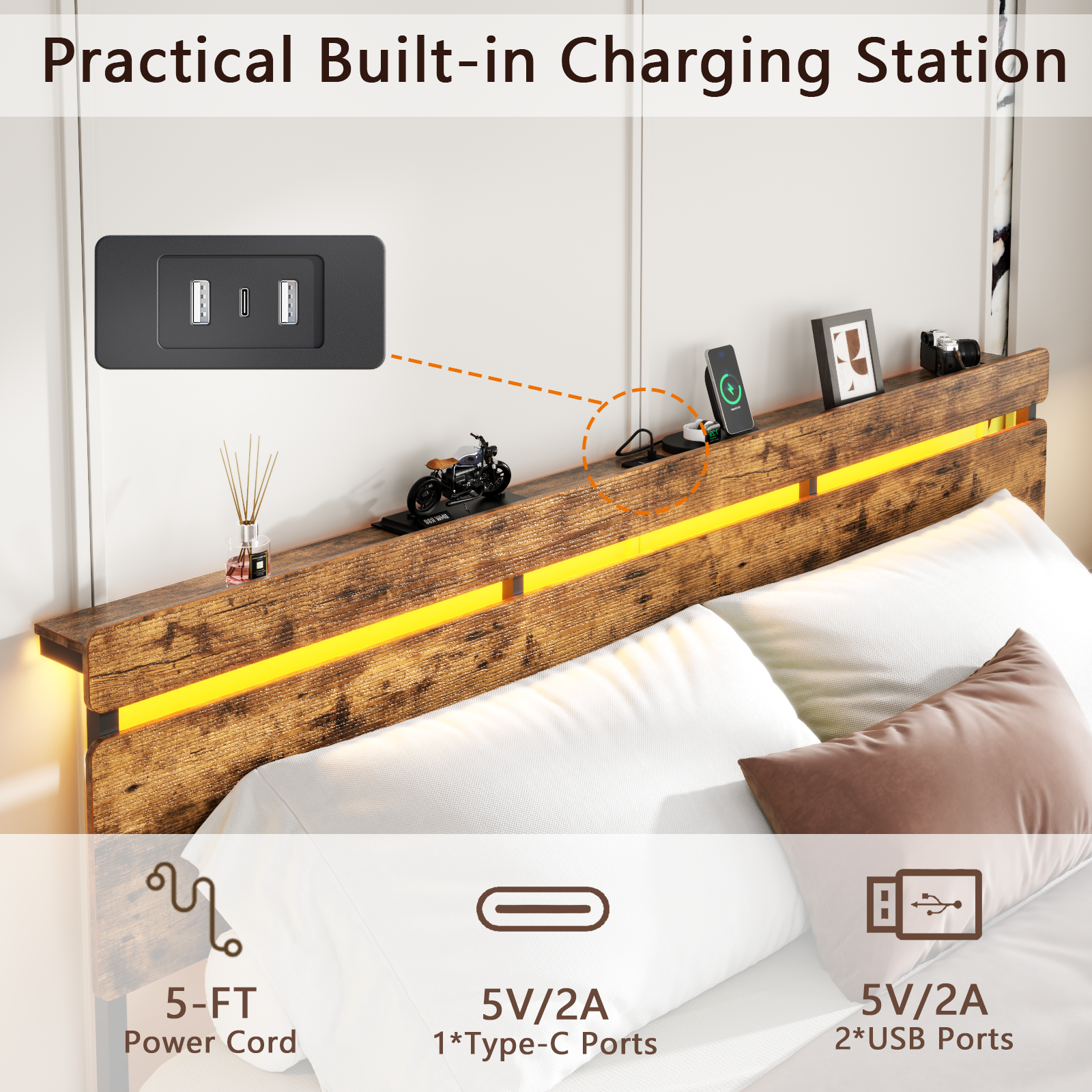 King Size Bed Frame with Wood Headboard, Metal Platform Bed with 3 Storage Drawers  Shelf Built-in Charging Station  LED Lights No Box Spring Needed