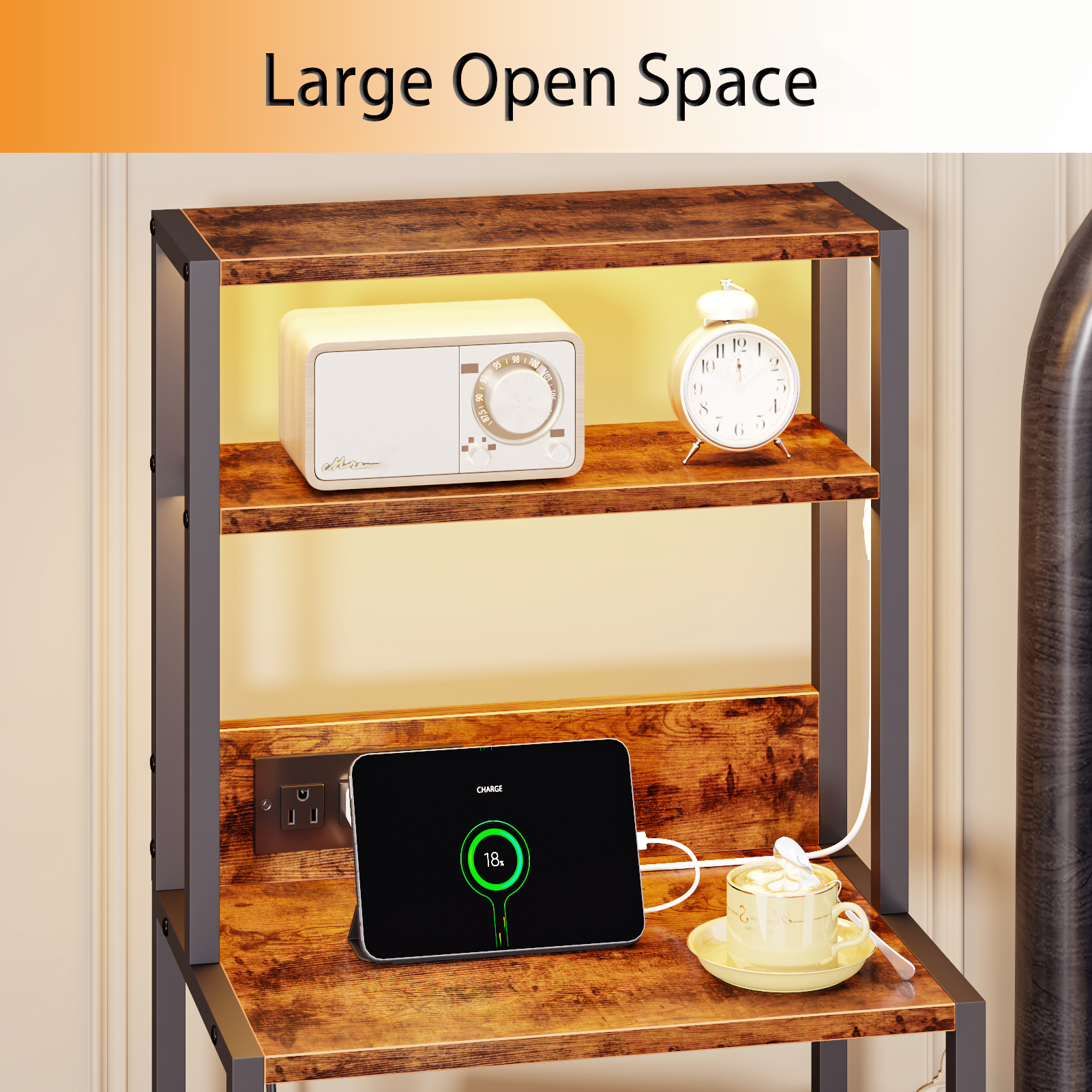 Tall Brown Nightstand 4 Tier Storage Shelves 2 PU Fabric Drawers Modern Bedside Table Narrow Accent Side End Table Organizer for Bedroom Living Room