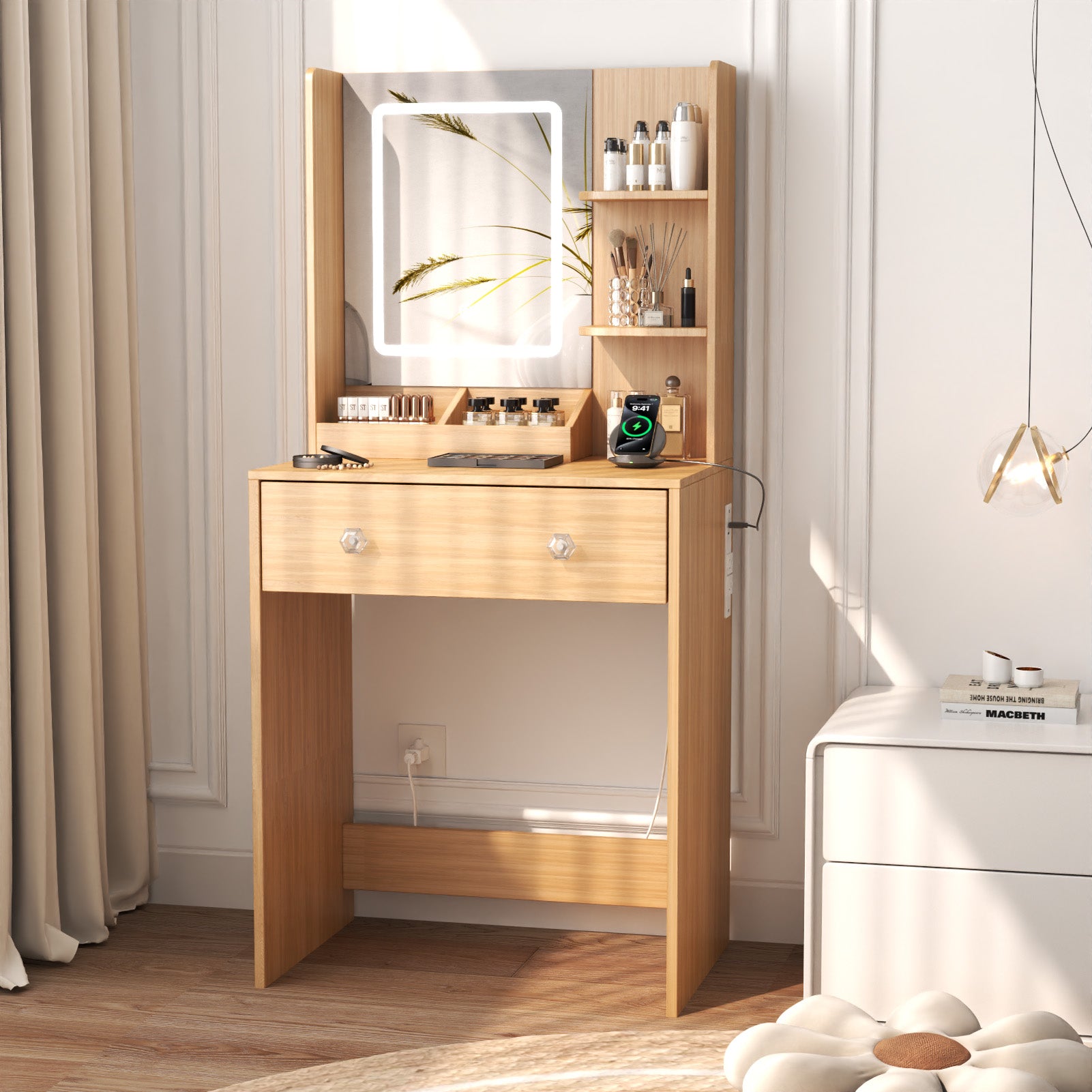 24" Modern Wood Vanity Desk with Lighted Mirror and Charging Station Small Makeup Dressing Table with 2 Drawers and 3 Storage Shelves for Bedroom