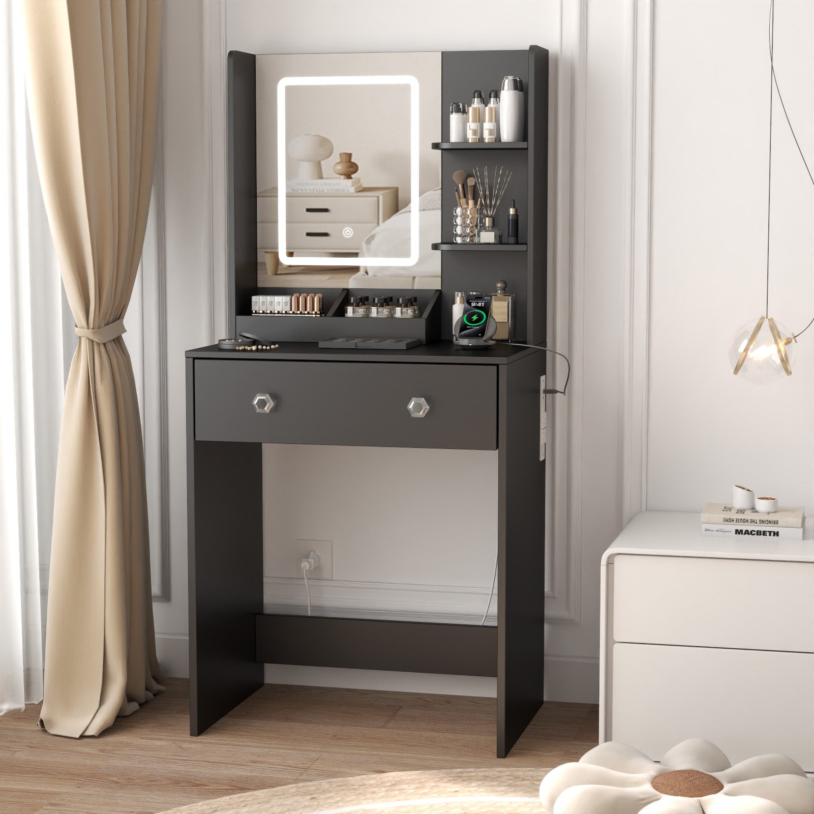 Small Makeup Vanity Desk with LED Mirror and Power Outlet 24" Black Dressing Table with 2 Drawers 3 Storage Shelves Modern Bedroom Vanity for Girls