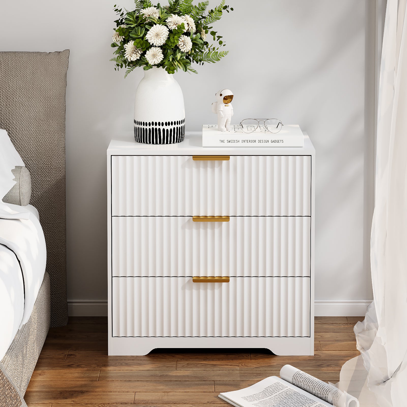 27-in Wide Fluted Night Stand 3 Drawers Large End Table with Storage White Nightstand Wood Bedside Tables Farmhouse Cabinet Dresser for Bedroom Closet