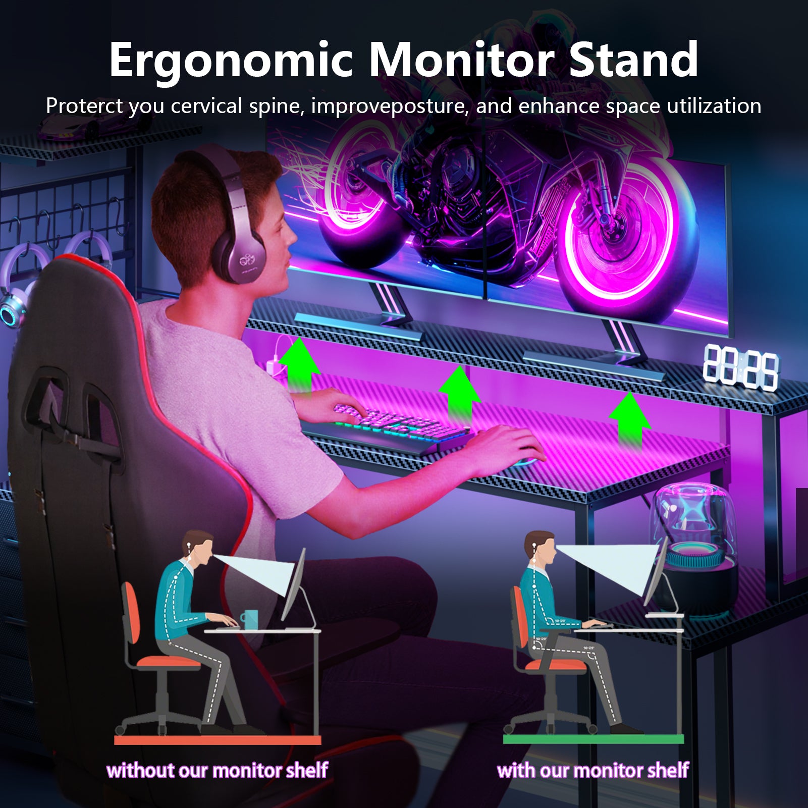 63 Inch Gaming Computer Desk Workstation with Fabric Storage Drawers Monitor Stand and Reversible Setup for Home Office Bedroom Classic Black Finish