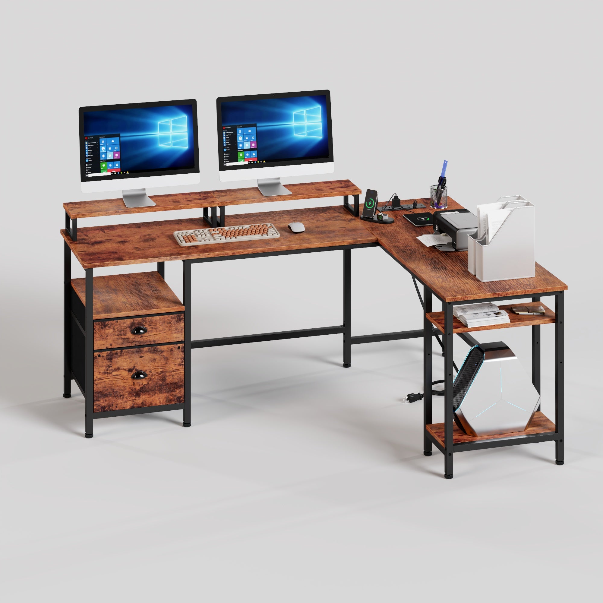 59" Computer Desk with 4 Drawers and Printer Space, Gaming Desk with LED Lights and USB Power Outlets, Office Desk with Fabric File Cabine,Work Table with Shelf fo  Bedroom, Rustic Brown