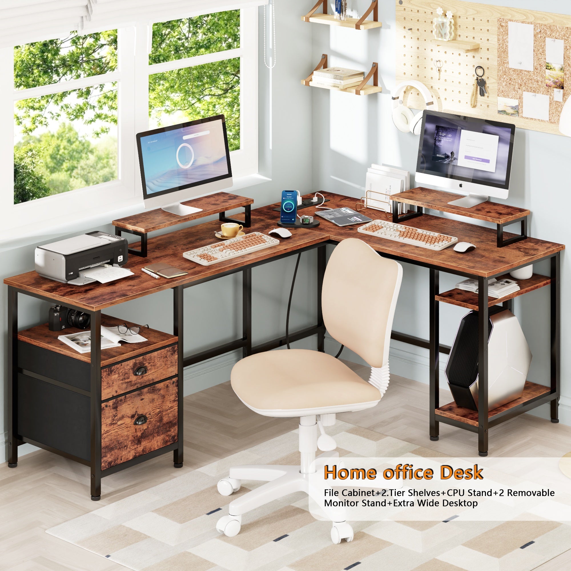 59" Computer Desk with 4 Drawers and Printer Space, Gaming Desk with LED Lights and USB Power Outlets, Office Desk with Fabric File Cabine,Work Table with Shelf fo  Bedroom, Rustic Brown