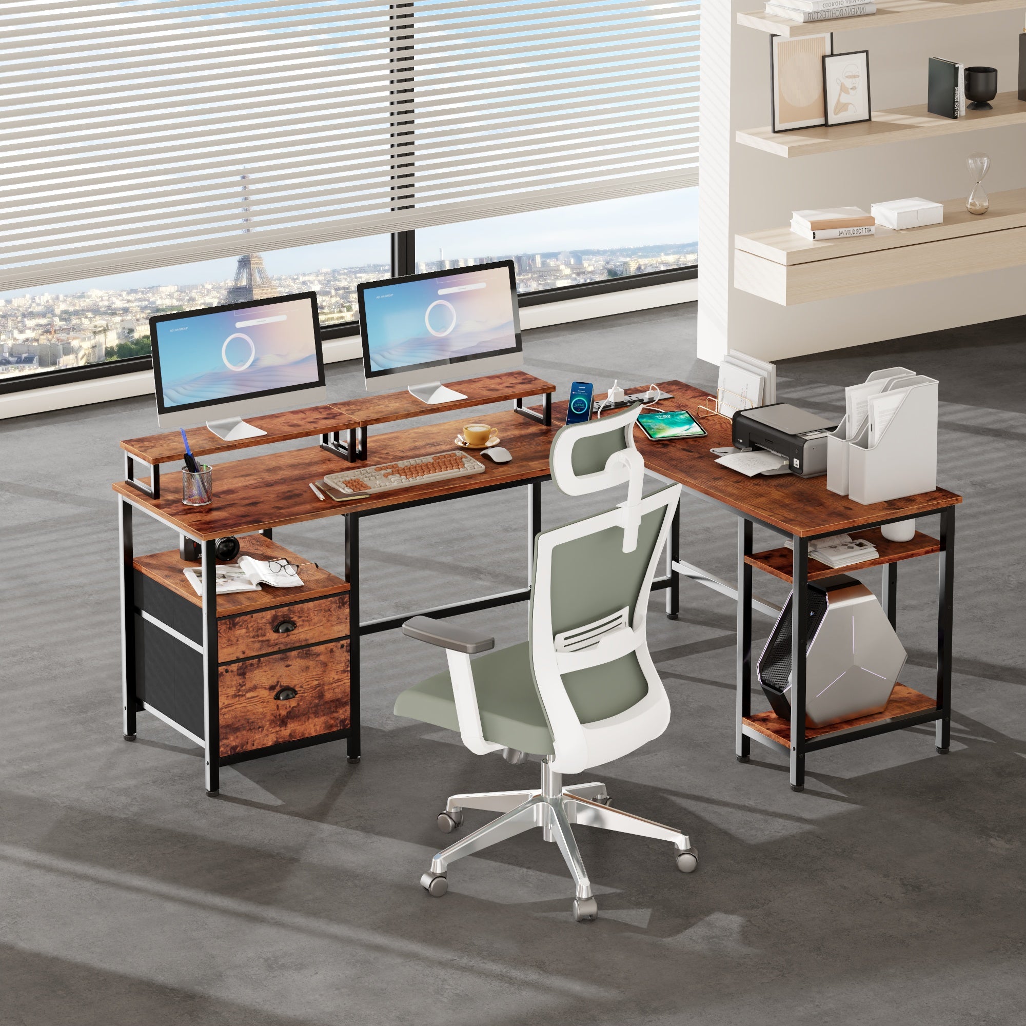 59" Computer Desk with 4 Drawers and Printer Space, Gaming Desk with LED Lights and USB Power Outlets, Office Desk with Fabric File Cabine,Work Table with Shelf fo  Bedroom, Rustic Brown