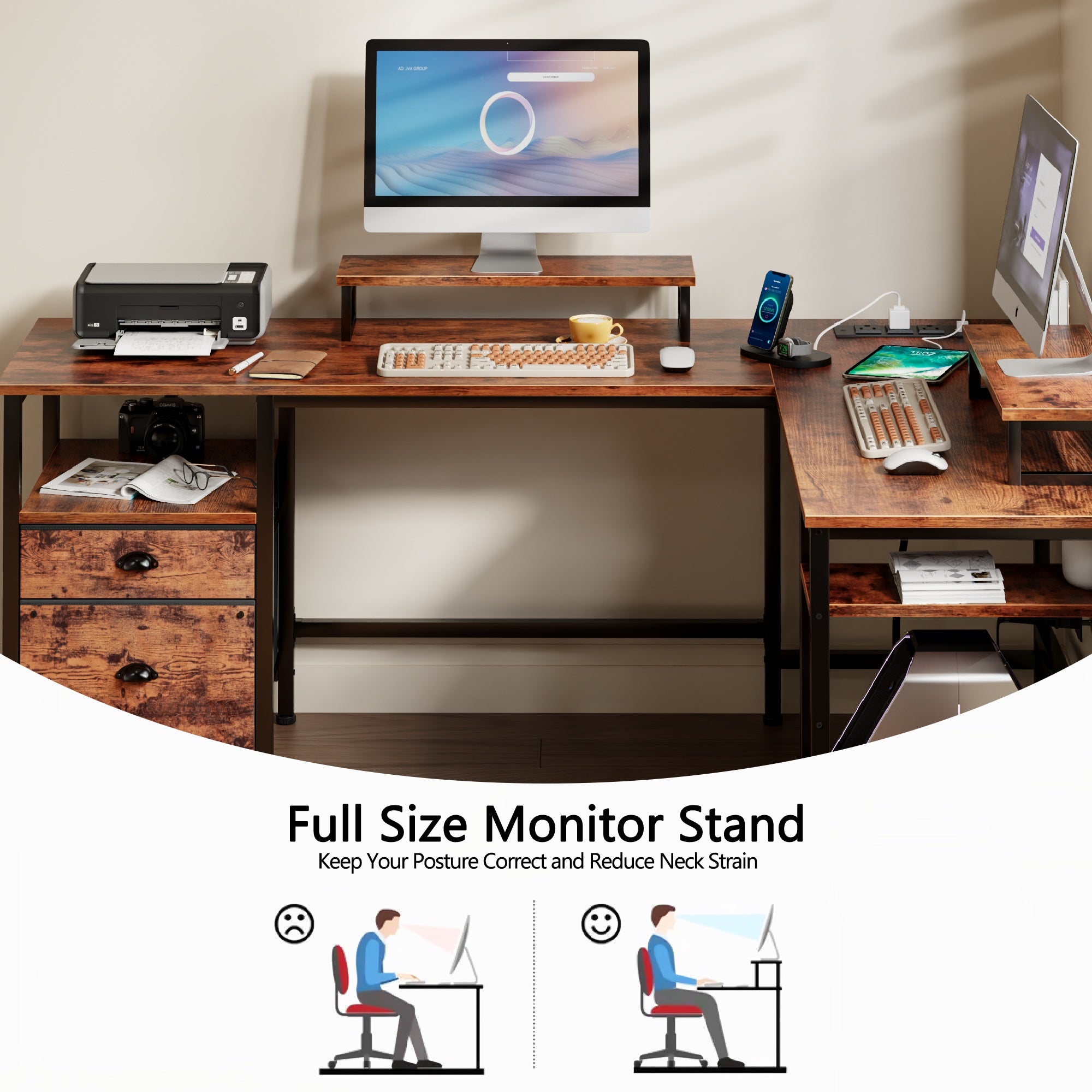59" Computer Desk with 4 Drawers and Printer Space, Gaming Desk with LED Lights and USB Power Outlets, Office Desk with Fabric File Cabine,Work Table with Shelf fo  Bedroom, Rustic Brown