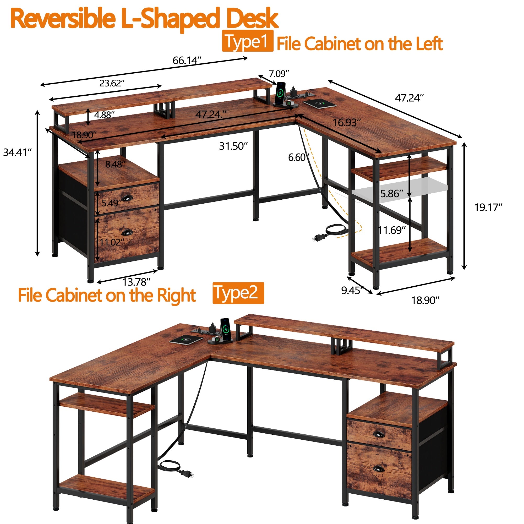 59" Computer Desk with 4 Drawers and Printer Space, Gaming Desk with LED Lights and USB Power Outlets, Office Desk with Fabric File Cabine,Work Table with Shelf fo  Bedroom, Rustic Brown