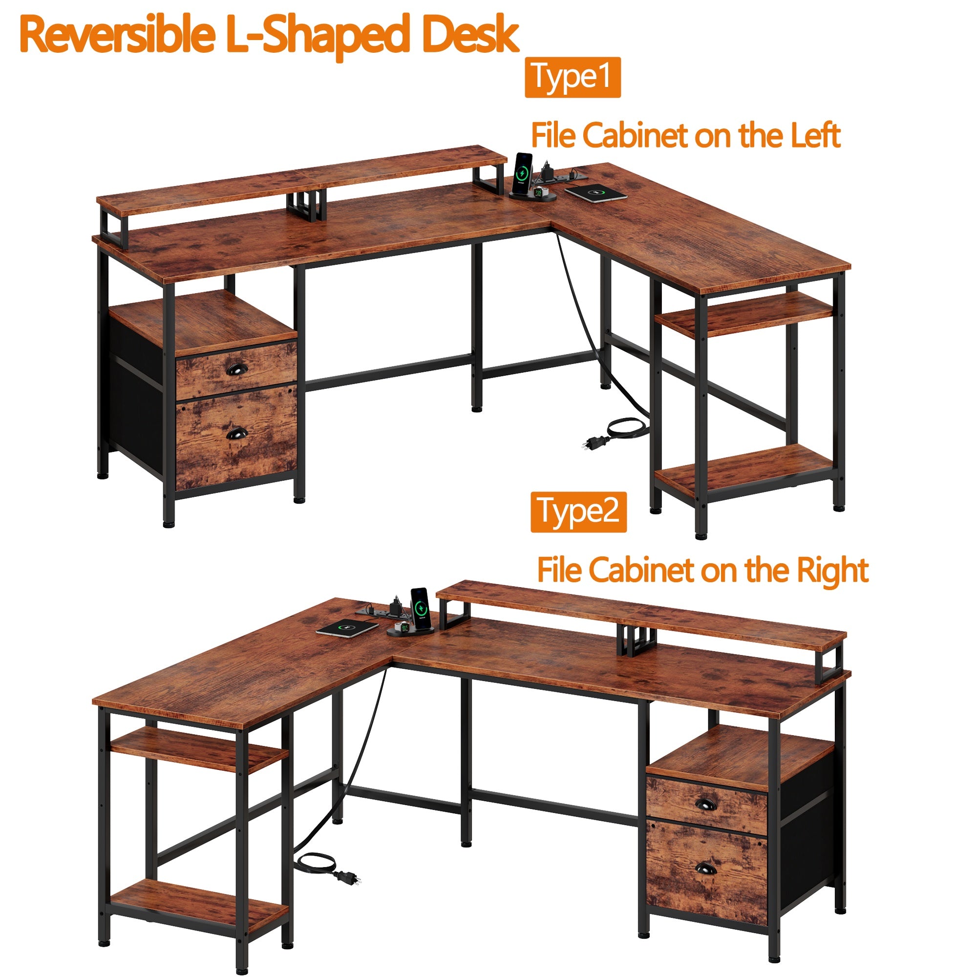 59" Computer Desk with 4 Drawers and Printer Space, Gaming Desk with LED Lights and USB Power Outlets, Office Desk with Fabric File Cabine,Work Table with Shelf fo  Bedroom, Rustic Brown