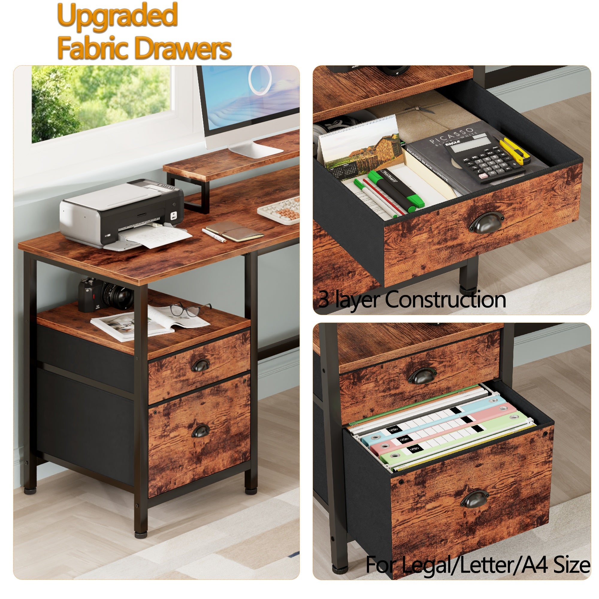 59" Computer Desk with 4 Drawers and Printer Space, Gaming Desk with LED Lights and USB Power Outlets, Office Desk with Fabric File Cabine,Work Table with Shelf fo  Bedroom, Rustic Brown