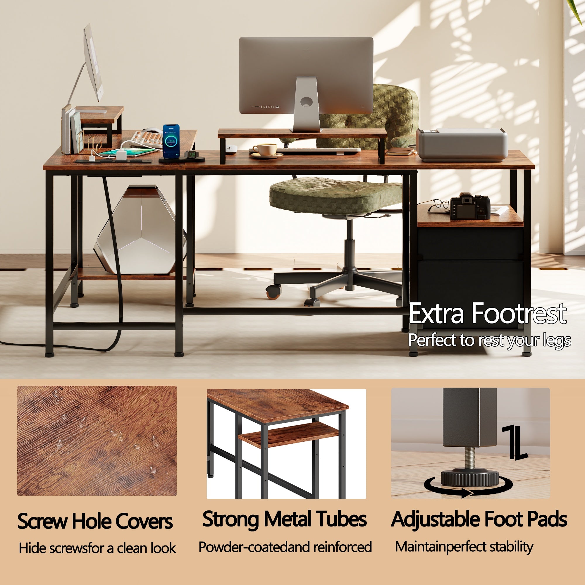 59" Computer Desk with 4 Drawers and Printer Space, Gaming Desk with LED Lights and USB Power Outlets, Office Desk with Fabric File Cabine,Work Table with Shelf fo  Bedroom, Rustic Brown