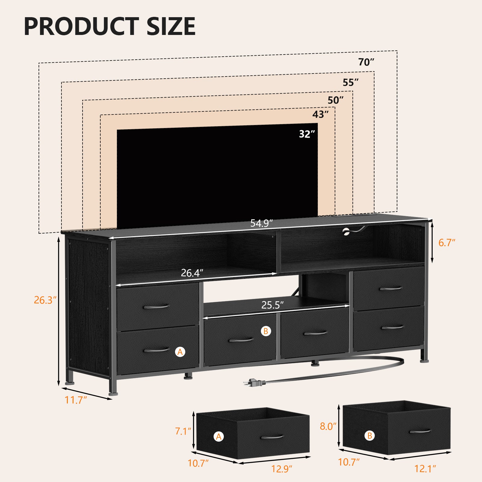 Qwatto 55 Inch Black TV Stand Dresser with Charging Station LED Lights 6 Fabric Drawers Entertainment Center for TVs up to 60 Inch Media Console