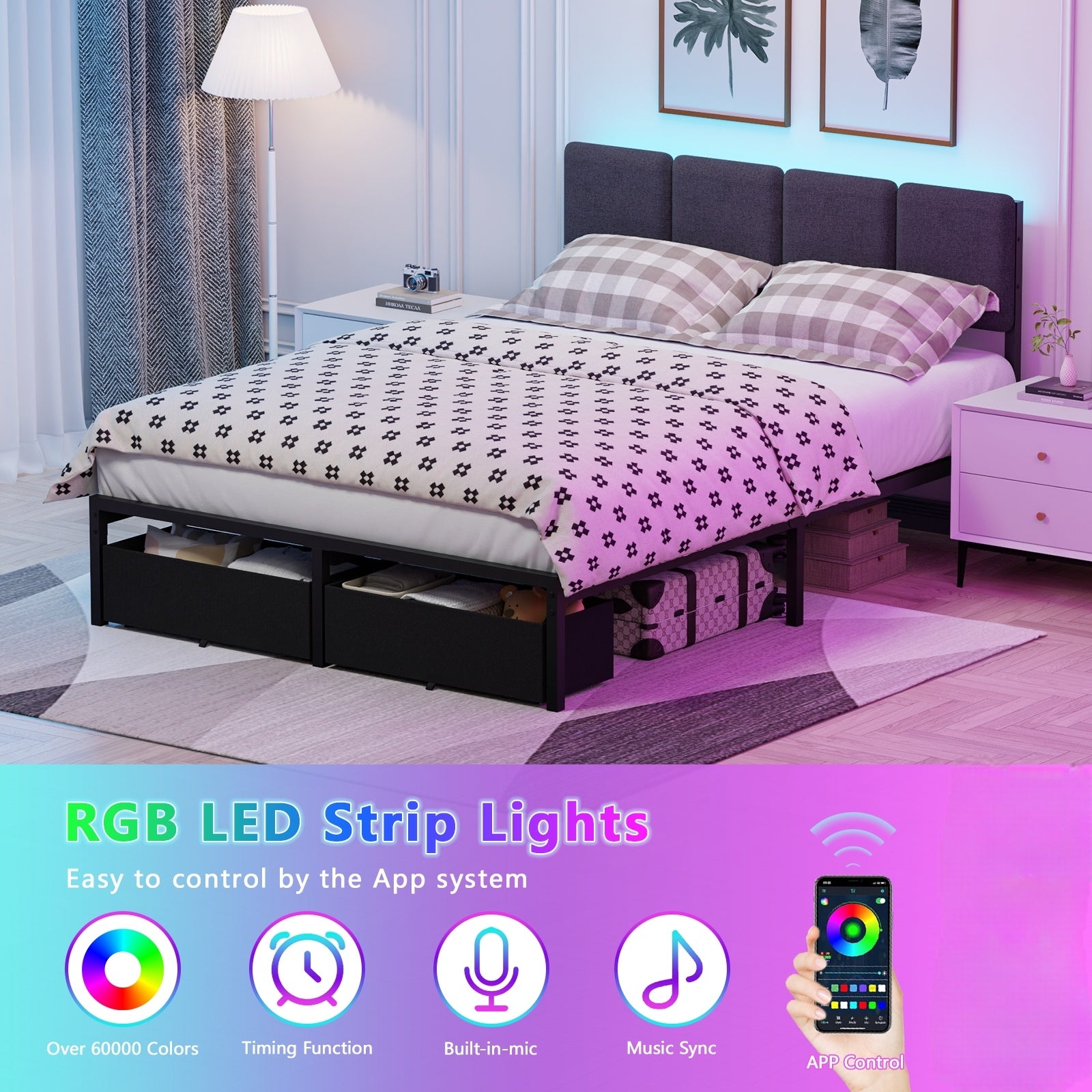 Furnulem Full Size Bed Frame with Headboard,Upholstered Bed Full with LED Light