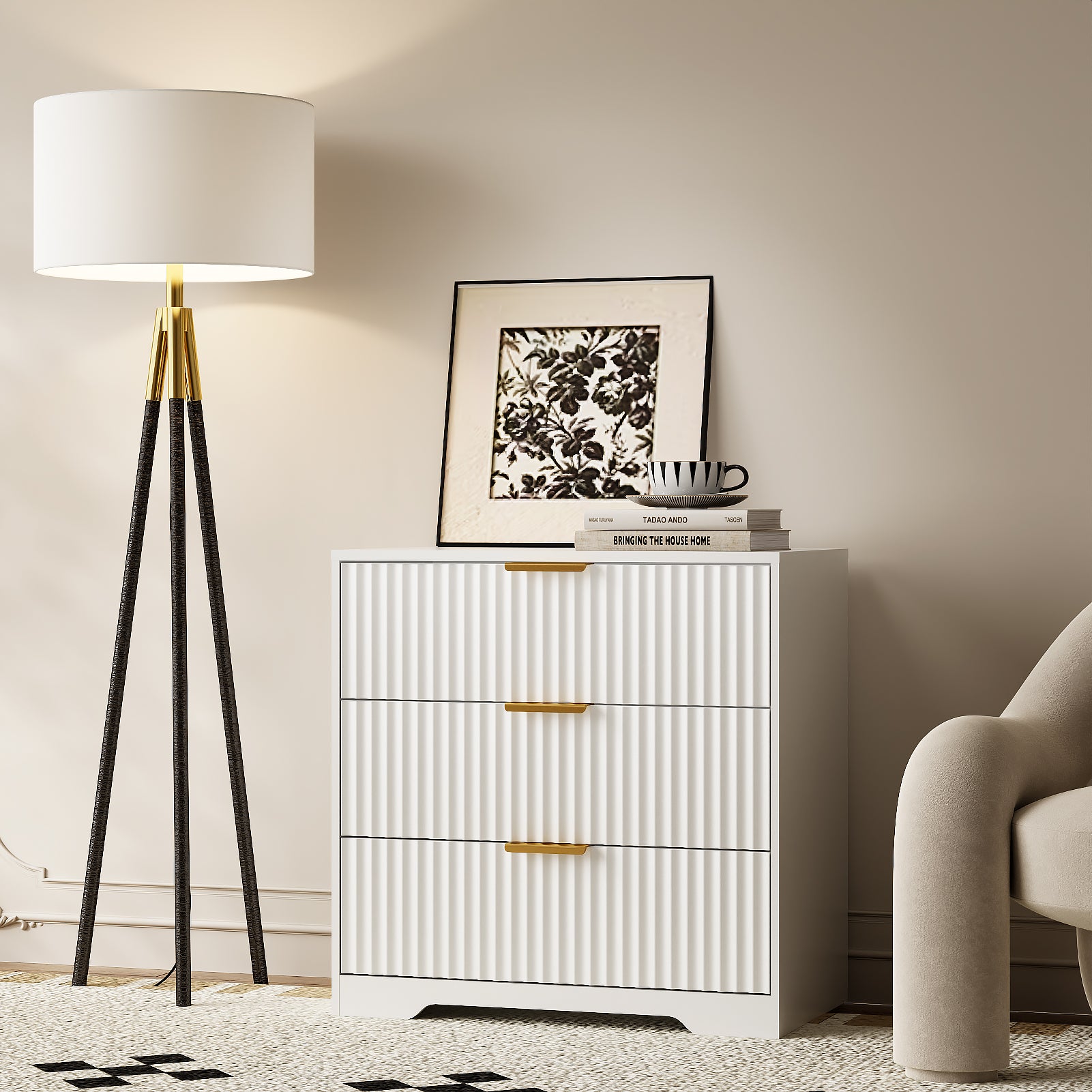27-in Wide Fluted Night Stand 3 Drawers Large End Table with Storage White Nightstand Wood Bedside Tables Farmhouse Cabinet Dresser for Bedroom Closet