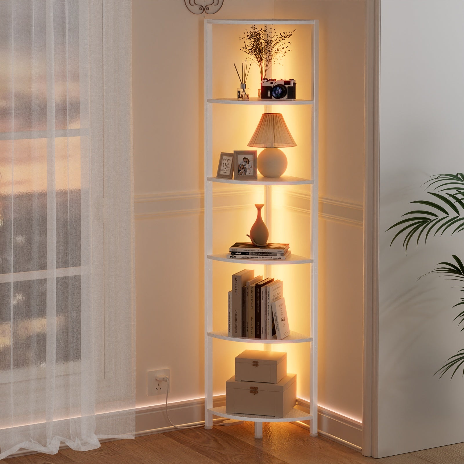 Furnulem 6 Tier Corner Shelf with LED Light, 67.5” Tall Standing Shelf Organizer, Narrow Bookshelf with Storage Rack for Wall Corner, Living Room