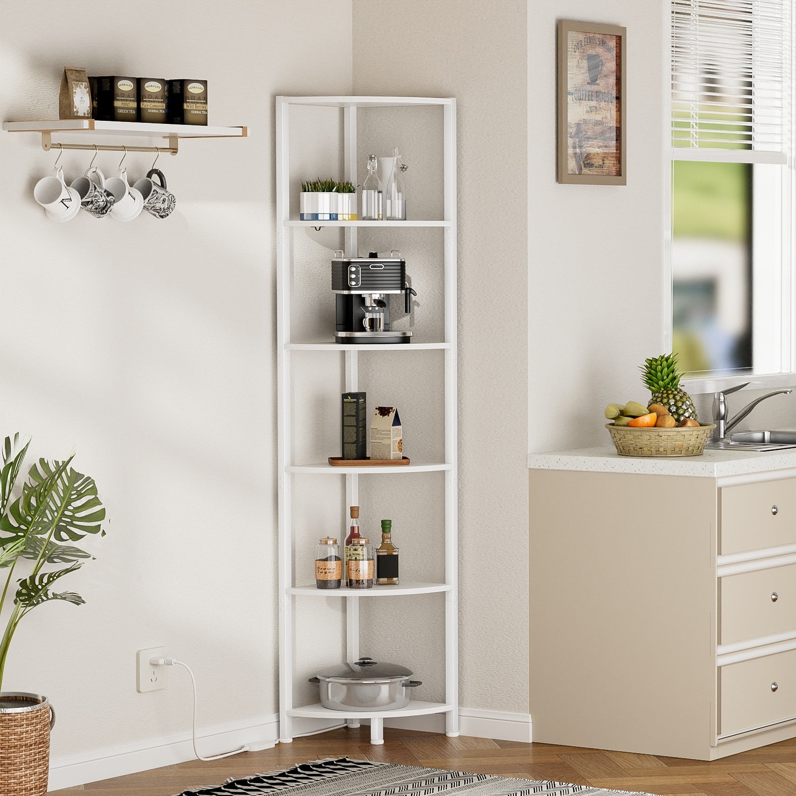 Furnulem 6 Tier Corner Shelf with LED Light, 67.5” Tall Standing Shelf Organizer, Narrow Bookshelf with Storage Rack for Wall Corner, Living Room