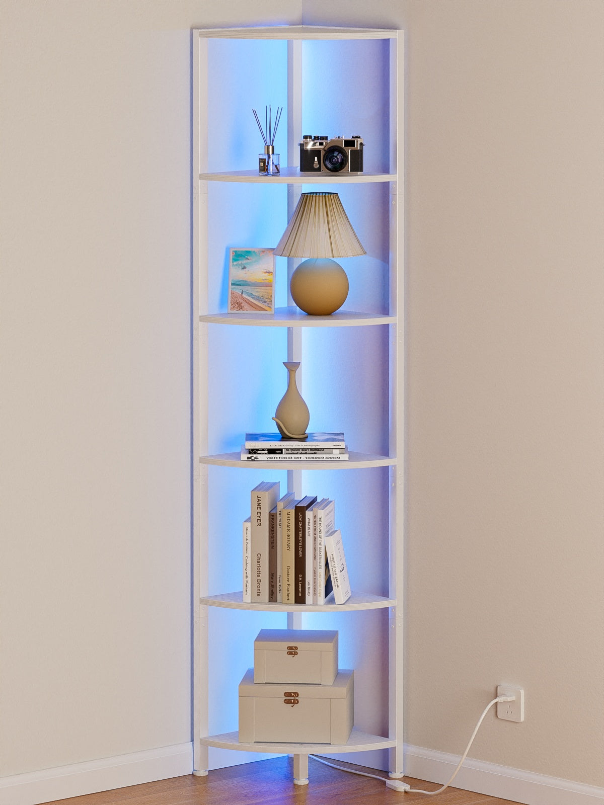 Furnulem 6 Tier Corner Shelf with LED Light, 67.5” Tall Standing Shelf Organizer, Narrow Bookshelf with Storage Rack for Wall Corner, Living Room