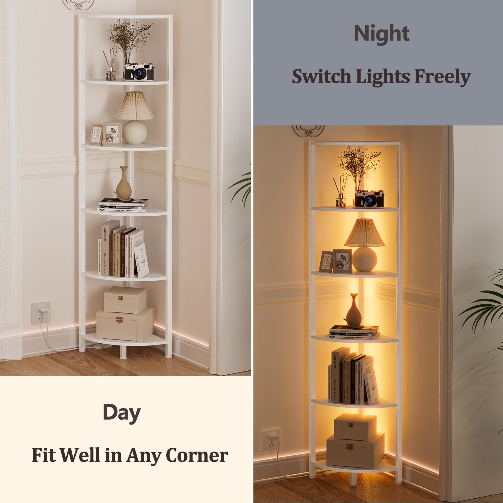 Furnulem 6 Tier Corner Shelf with LED Light, 67.5” Tall Standing Shelf Organizer, Narrow Bookshelf with Storage Rack for Wall Corner, Living Room