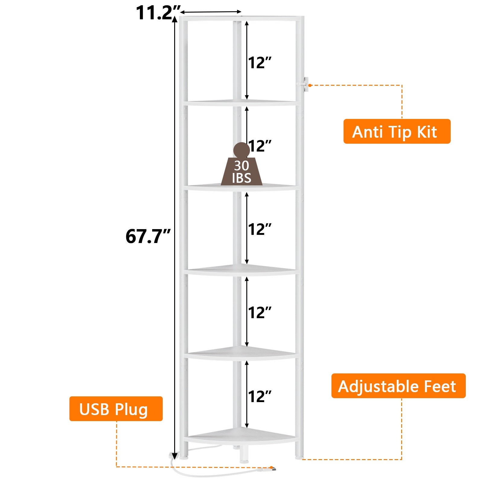 Furnulem 6 Tier Corner Shelf with LED Light, 67.5” Tall Standing Shelf Organizer, Narrow Bookshelf with Storage Rack for Wall Corner, Living Room