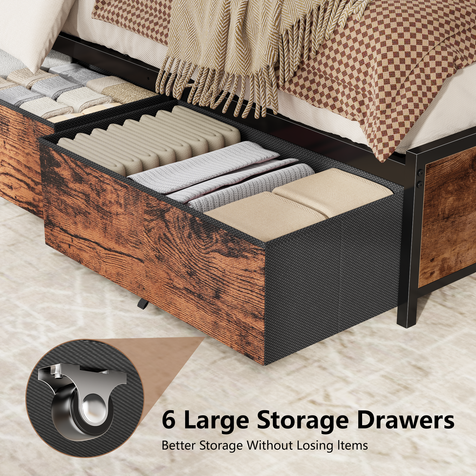 Full Size Platform Bed Frame with 6 Storage Drawers 2 Tier Headboard Shelf LED Lights Charging Station Metal No Box Spring Needed Teen