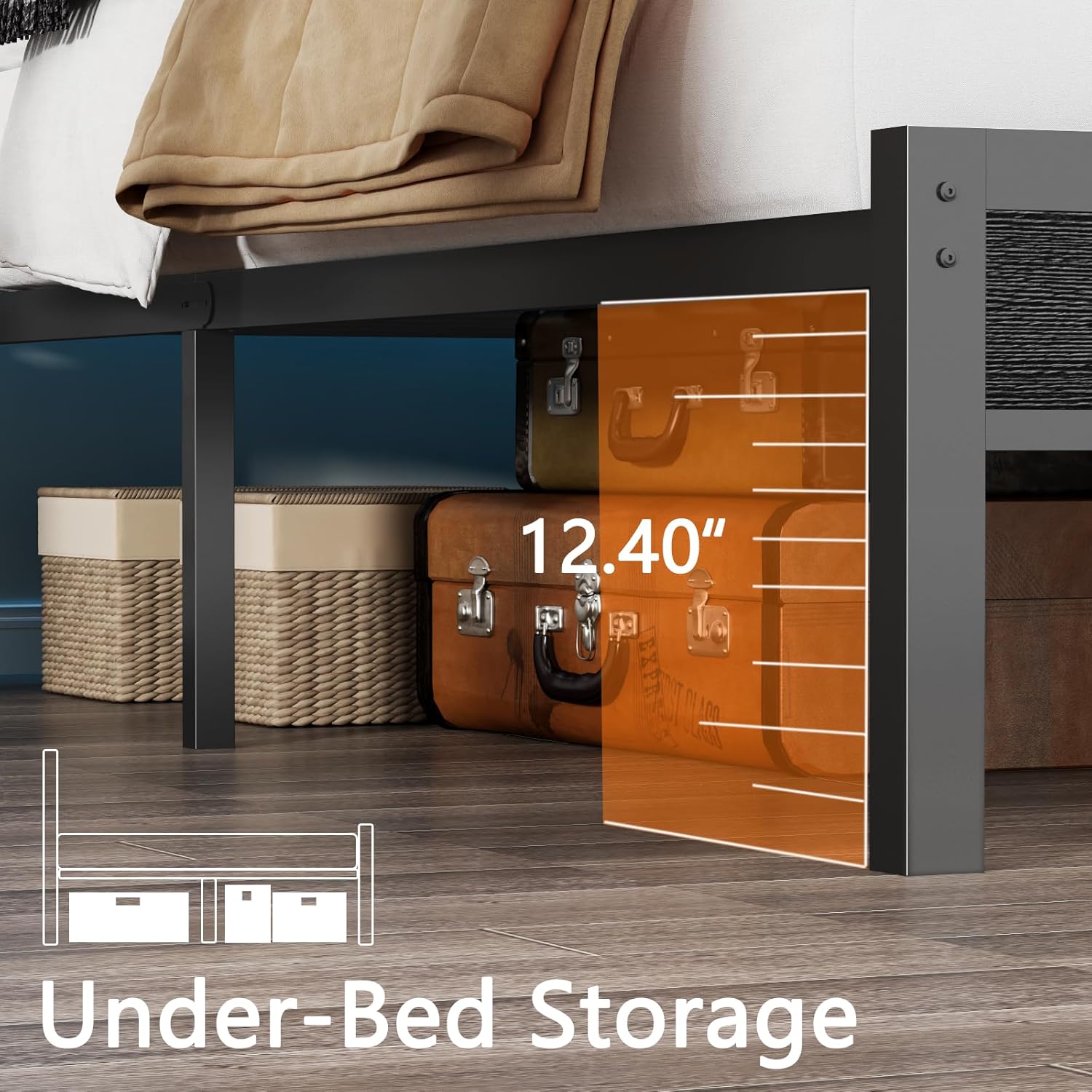 Furnulem Full Size Bed Frame with Headboard  2 Fabric Drawers  Bed Featuring LED Lights Built-in Charging Station  Storage Shelves No Box Spring Needed