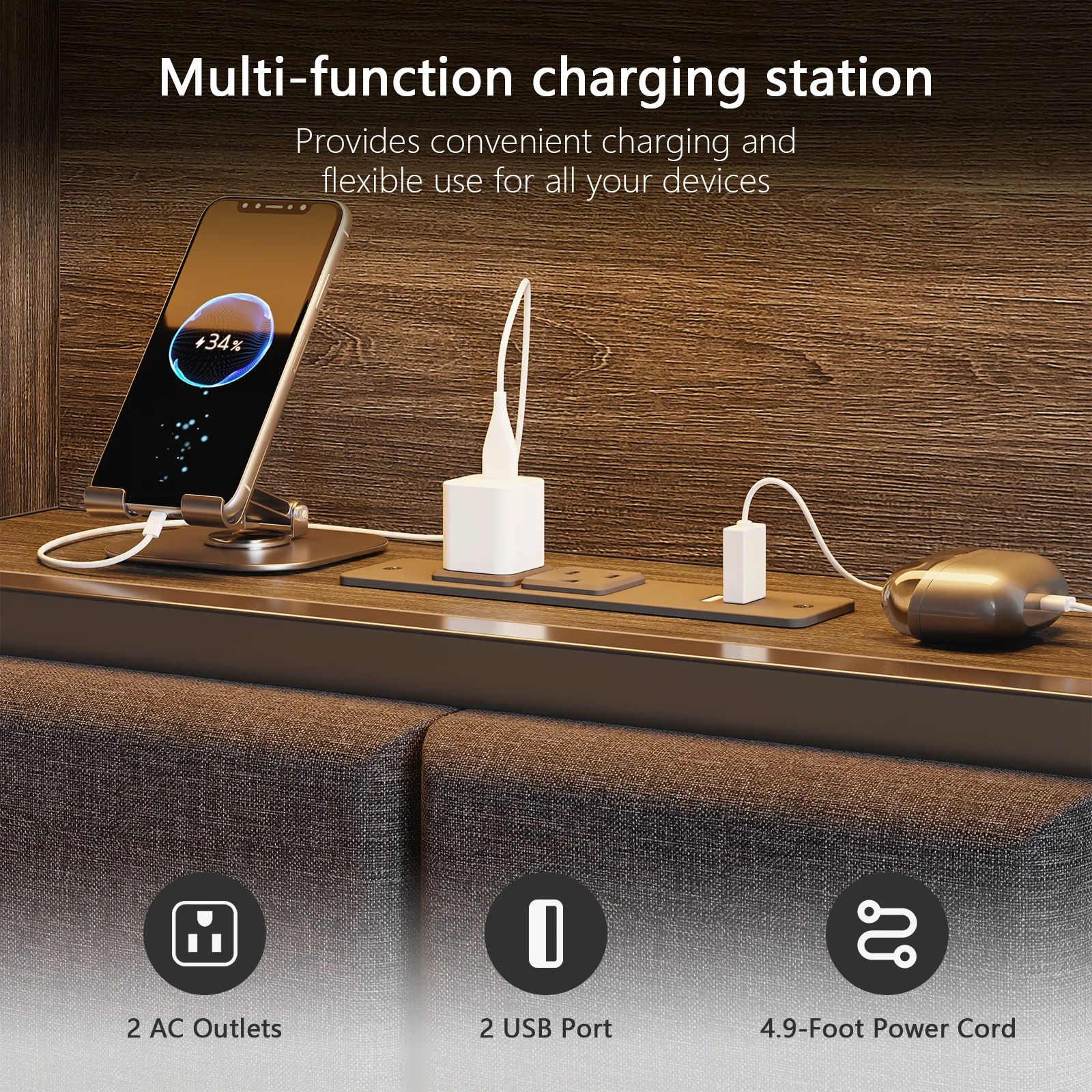 Furnulem Queen Bed Frame with Storage Drawers Upholstered Headboard with LED Light  Charging Station Metal Platform Bed Frame No Box Spring Needed