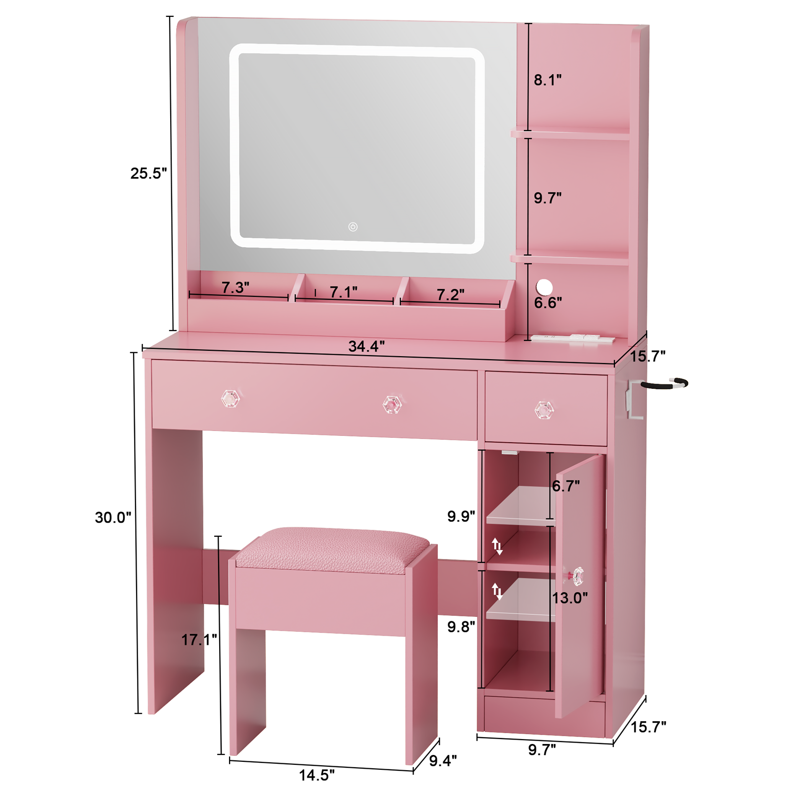 Pink Vanity Desk with Mirror and Lights Makeup Vanity Set with Stool and Power Outlet Dressing Table with Drawers Storage Shelves Lighted Mirror Desk