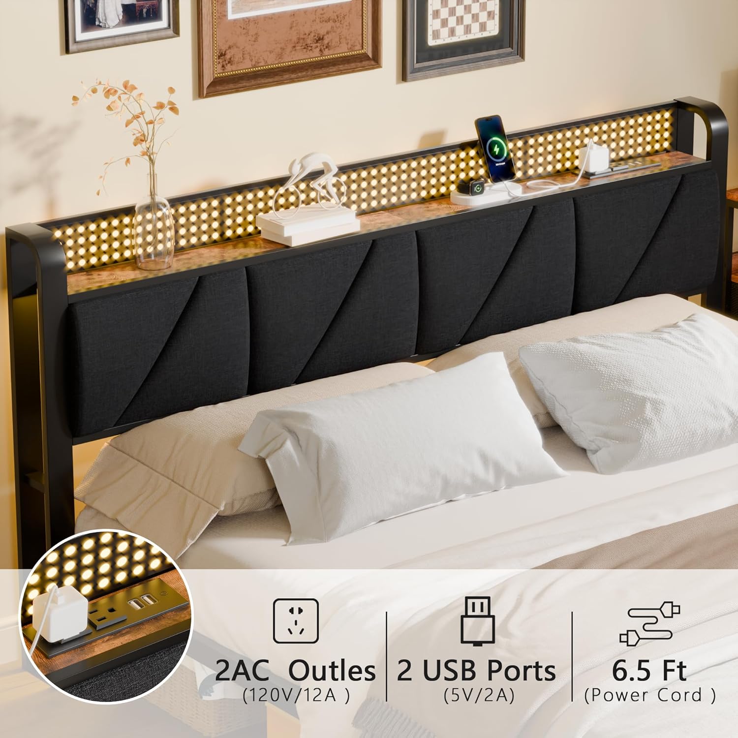Furnulem King Bed Frame with Headboard and LED Light Upholstered Platform with Power Outlet and USB Port Bed with Metal Support and Footboard