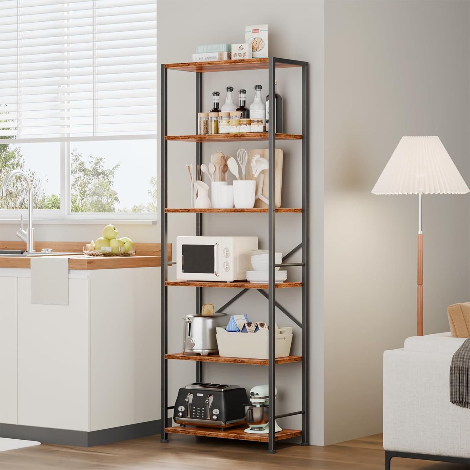 Qwatto Brown 6 Tier Tall Wide Bookshelf Industrial Wood Metal Freestanding Open Display Shelving Unit Storage Organizer Etagere Bookcase Home Office