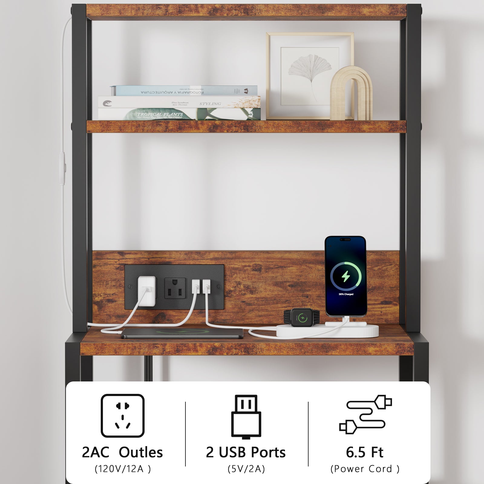 Furnulem Tall Nightstand with Light Tube and Charging Station