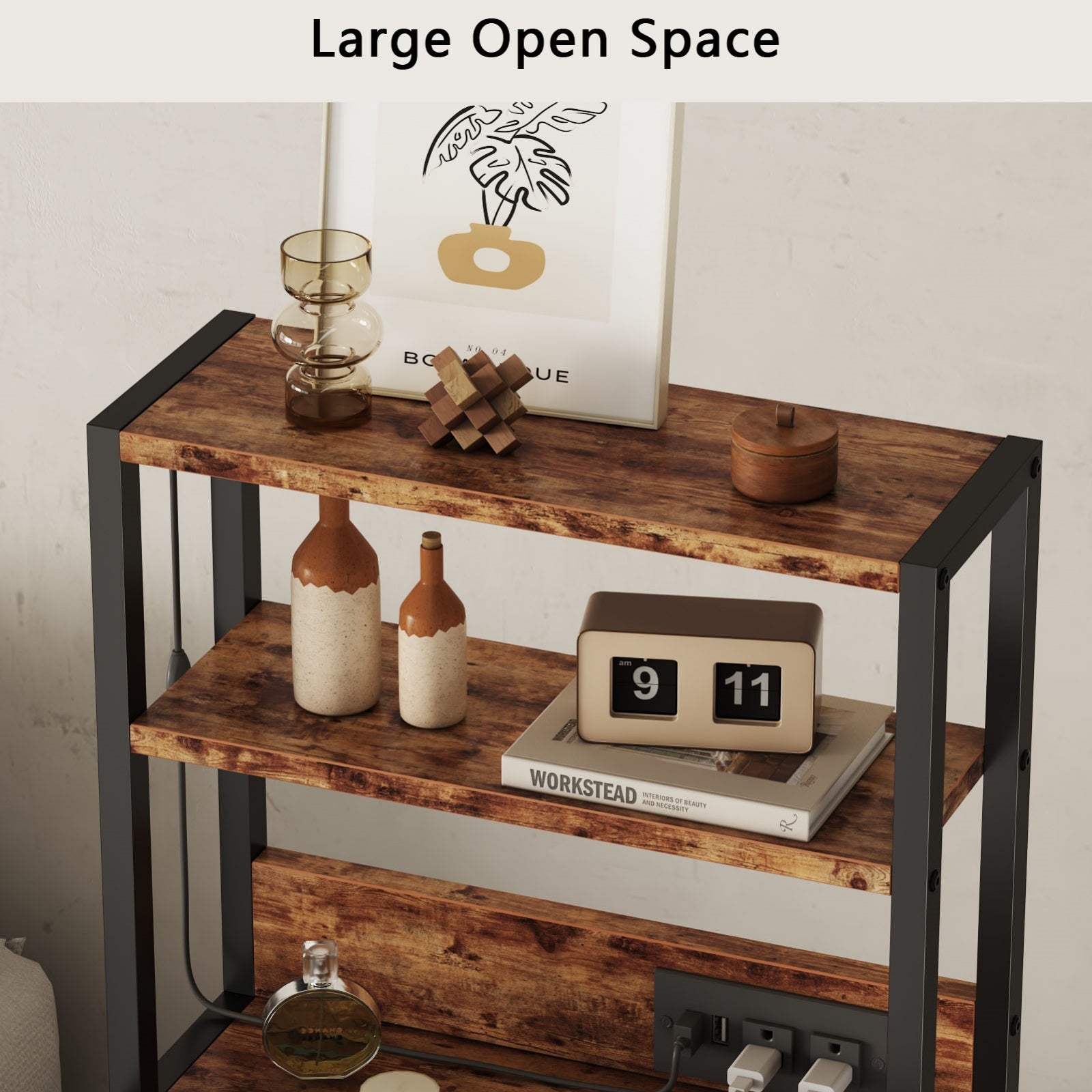 Furnulem Night Stand, Tall Nightstand with 4-Tier Shelves and 3 Fabric Drawers