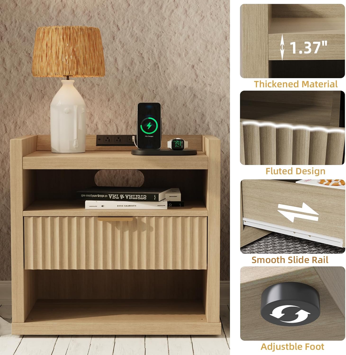 Modern Nightstand With Charging Station 24" Wide Nightstand with Drawer Modern Side Table with Wooden End Table with Open Shelf, for Bedroom Hallway
