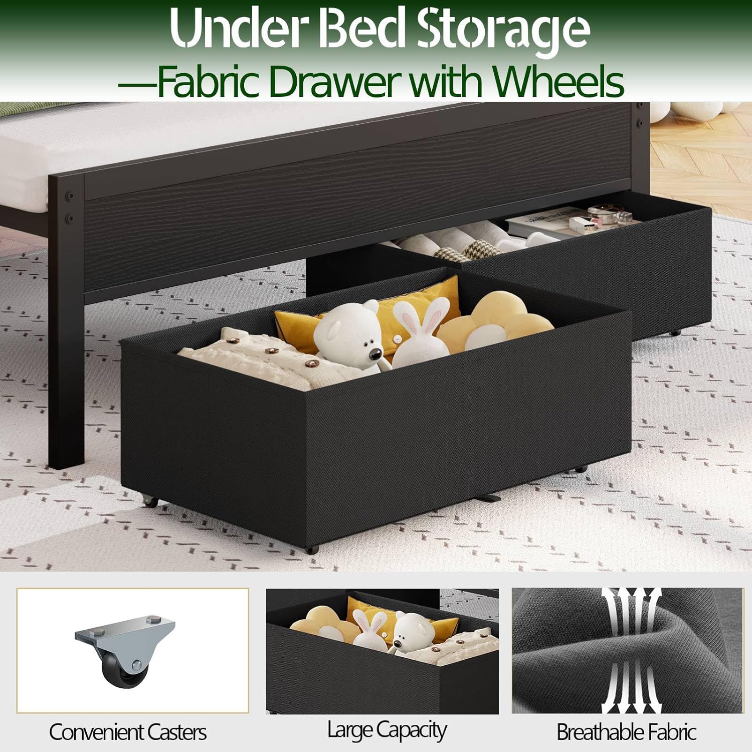 Furnulem Bed Frame with LED Lights, Charging Station & Storage