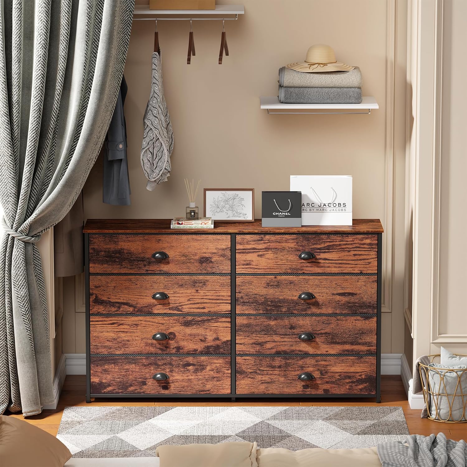 Furnulem Long Dresser for Bedroom TV Stand for 55'' TV Wide Storage Drawer Unit with 8 Fabric Bins Double Dresser for Bedroom Office  Closet Entryway