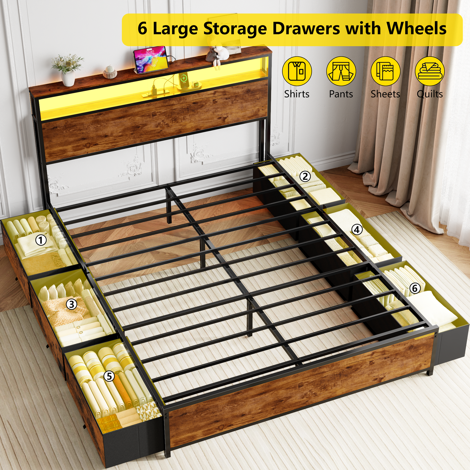 Queen Bed Frame with 6 Storage Drawers Metal Platform Bed Frame with 2-Tier Storage Headboard LED Built in Charging Station No Box Spring Needed