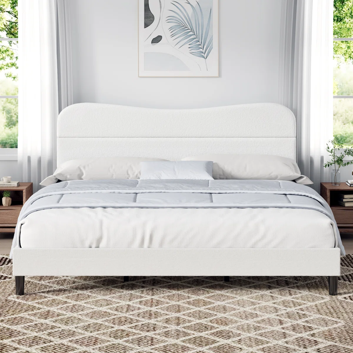 King Size Bed Frame With Teddy Velvet Soft Curved Headboard Platform Bed With Wooden Slats Support Easy Assembly Noise-free