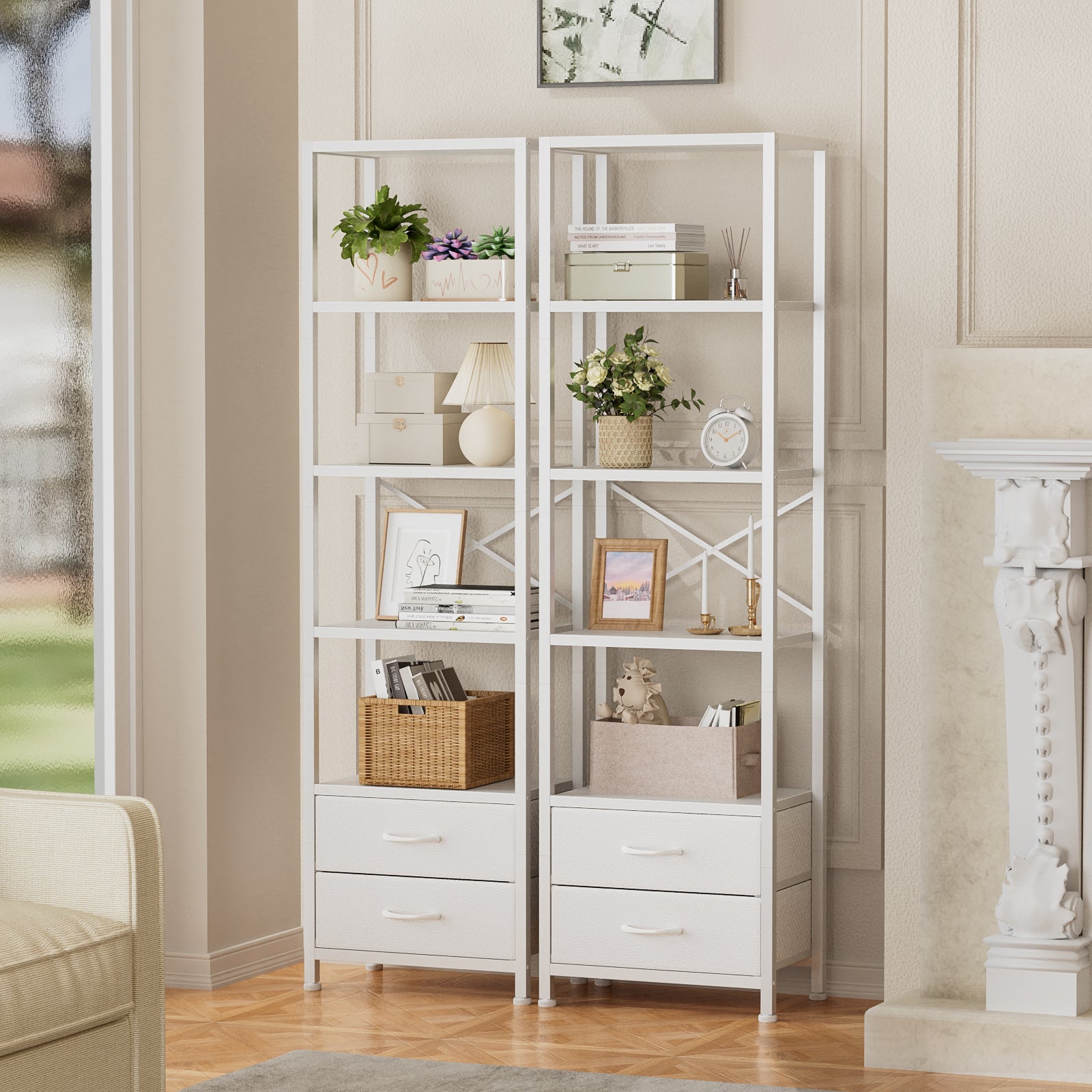 Furnulem Multi-Tier Bookshelf with 2 Drawers