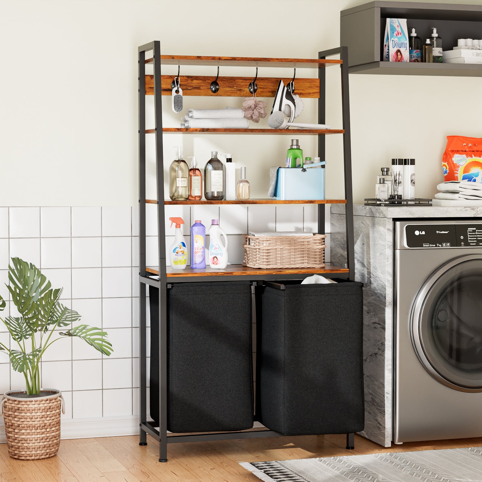 Double Laundry Hamper with Shelf 4 Tier Tall Laundry Basket Sorter with Two Removable Bags Clothing Storage Organizer and Hooks for Bathroom Bedroom