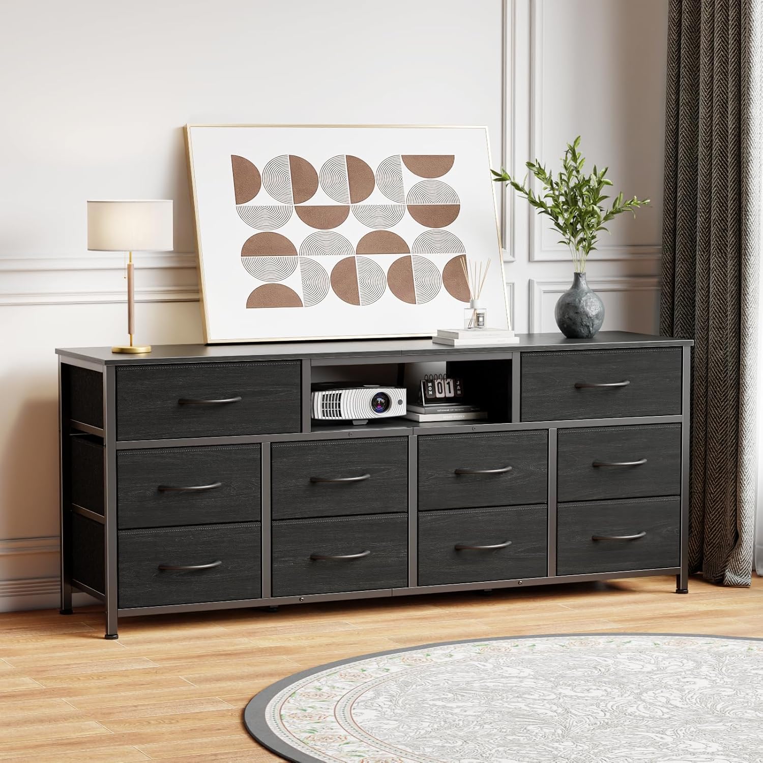 Furnulem 55” Long Dresser for Bedroom TV Stand for 55 to 65 inch TV Black Dresser with 10 Fabric Drawers Chest  Center with Power Outlet  LED Light