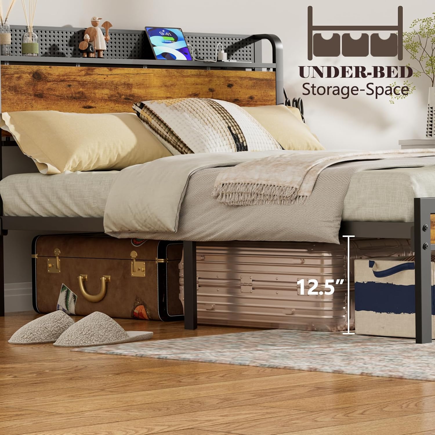 Furnulem Queen Bed Frame with Charging Station and LED Lights,Industrial Platform Beds  with Storage Headboard USB Port Rustic Wood and Strong Metal