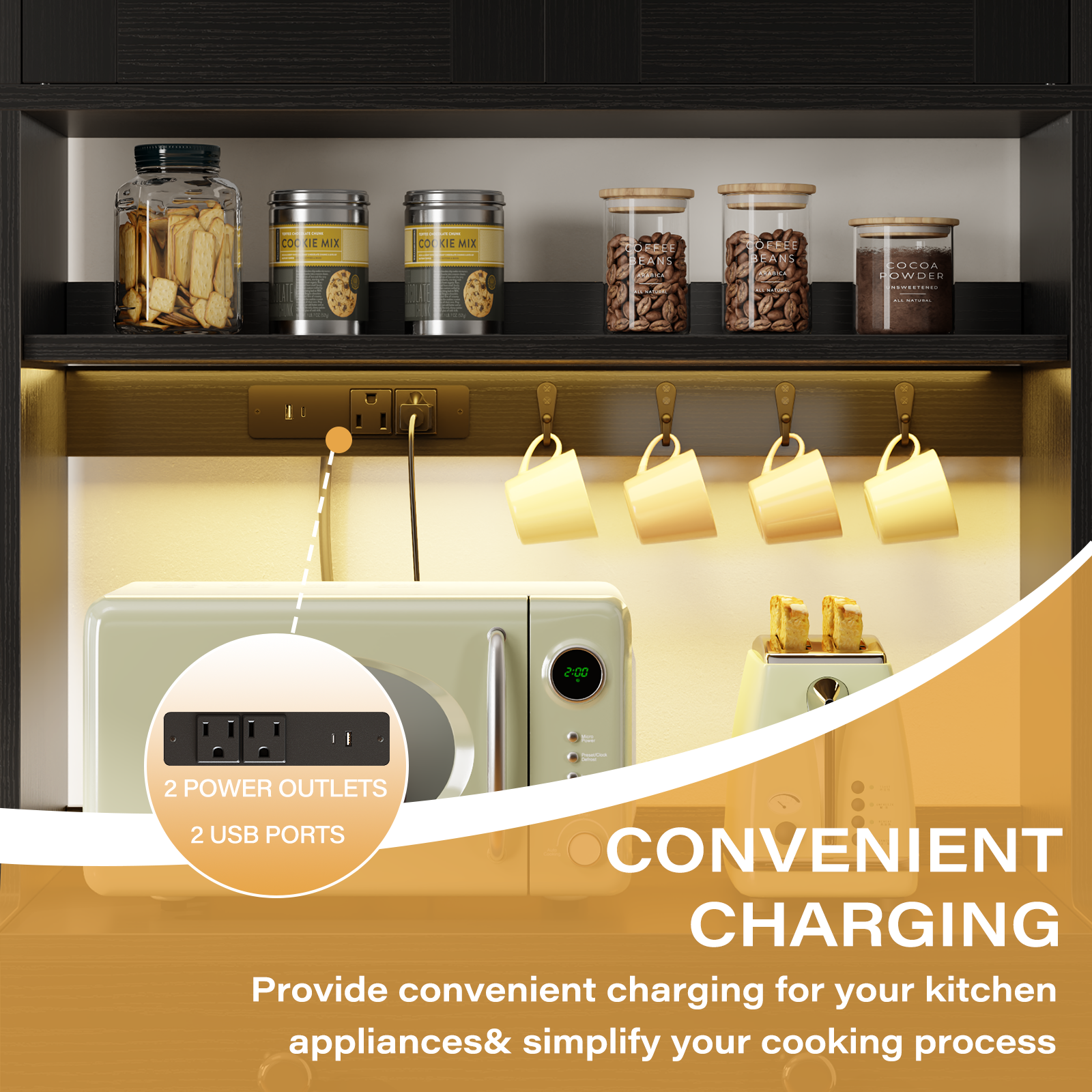 Qwatto Kitchen Pantry Storage Cabinet with Doors & Shelves Wood Buffet Cabinet with Microwave Stand Tall Hutch Cabinet for Dining Room Black