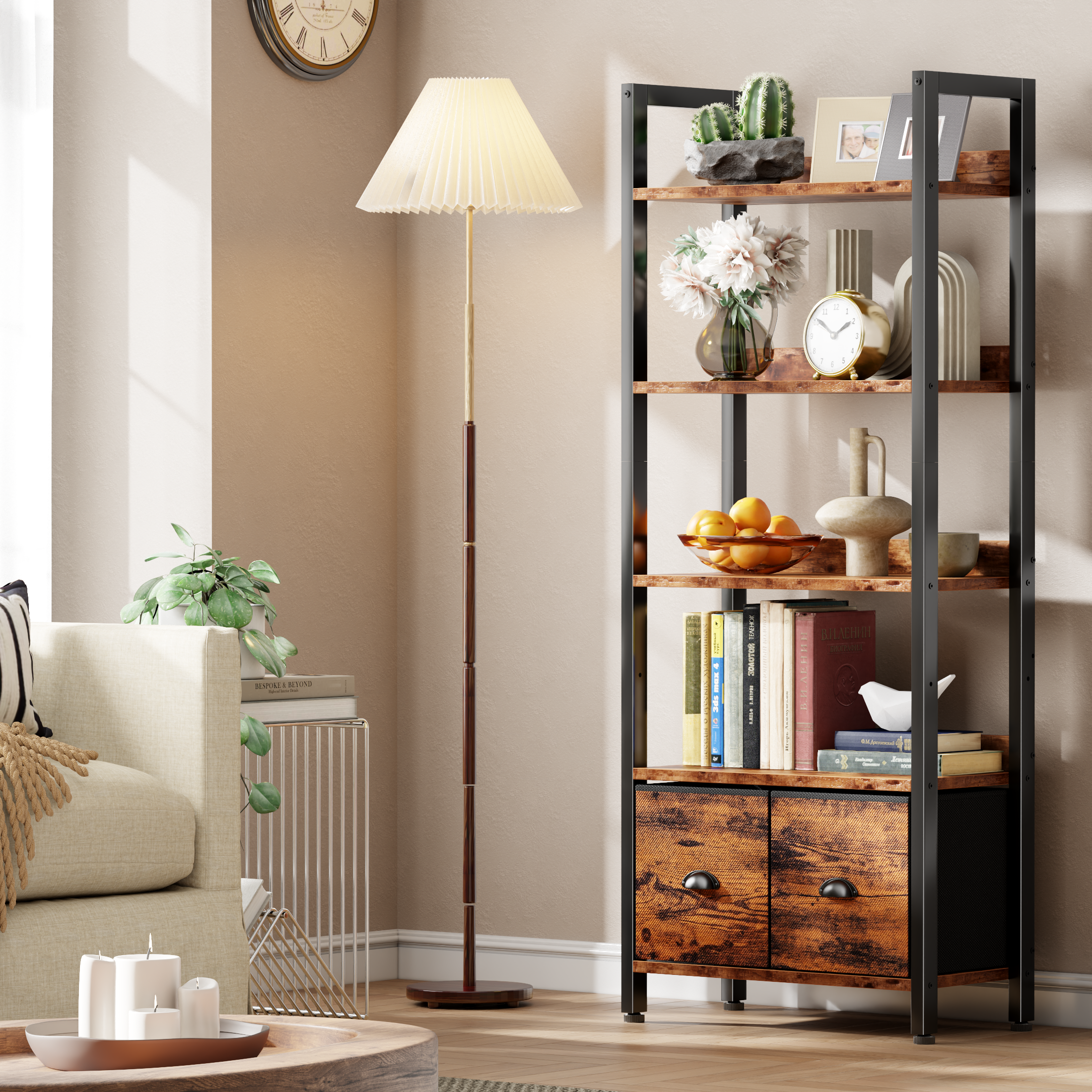 5 Tier Industrial Tall Bookcase with Two Storage Drawers Wood Metal Display Bookshelf Standing Organizer Shelf for Home Office Living Room Brown