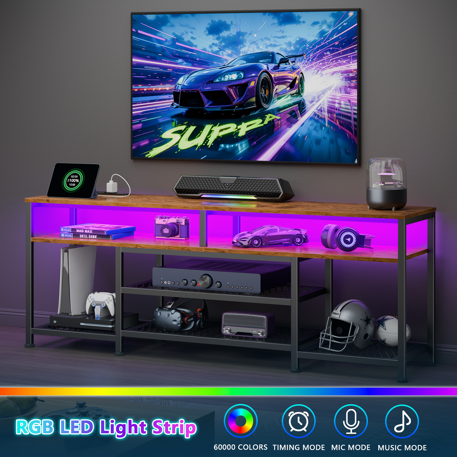 63 Inch Rustic Brown TV Stand with Charging Station LED Lights Entertainment Center for TVs up to 70 Inch Media Console Storage Shelves Living Room