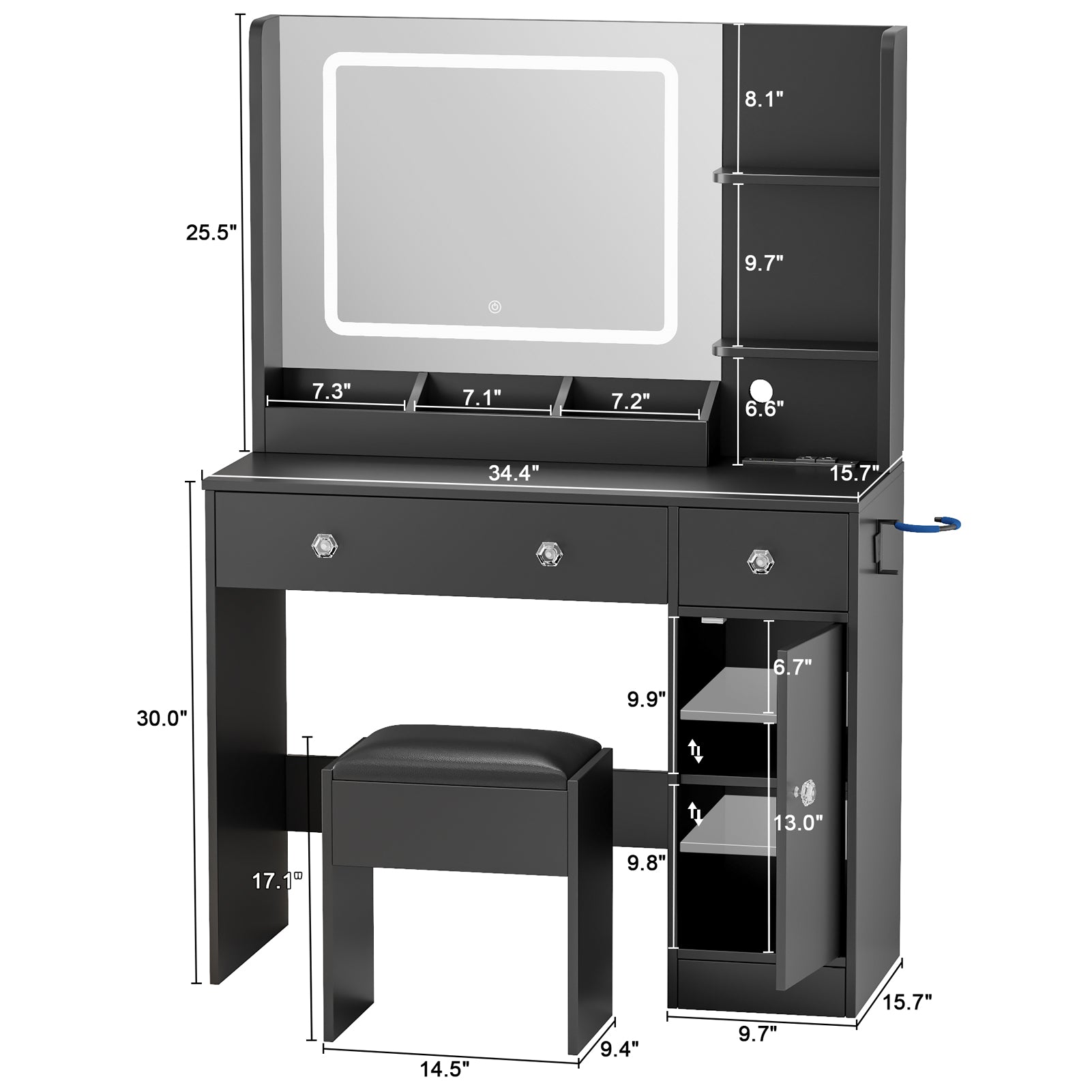 Makeup Vanity Desk with Mirror and Lights Set Black Dressing Table with Power Outlet Charging Station 3 Color Lighted Mirror Drawers Storage Cabinet
