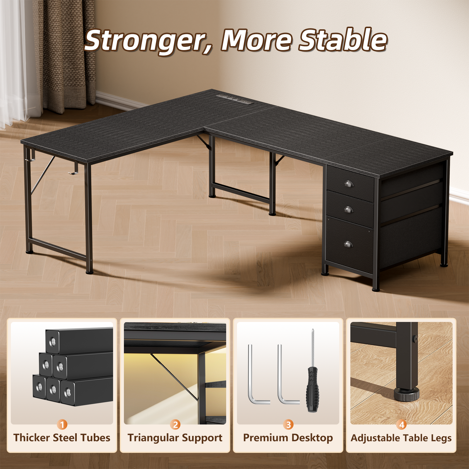 Qwatto 63 Inch L Shaped Gaming Desk Black Computer Corner Table with Power Outlets USB C Ports File Fabric Drawers Large Storage for Writing Bedrooms