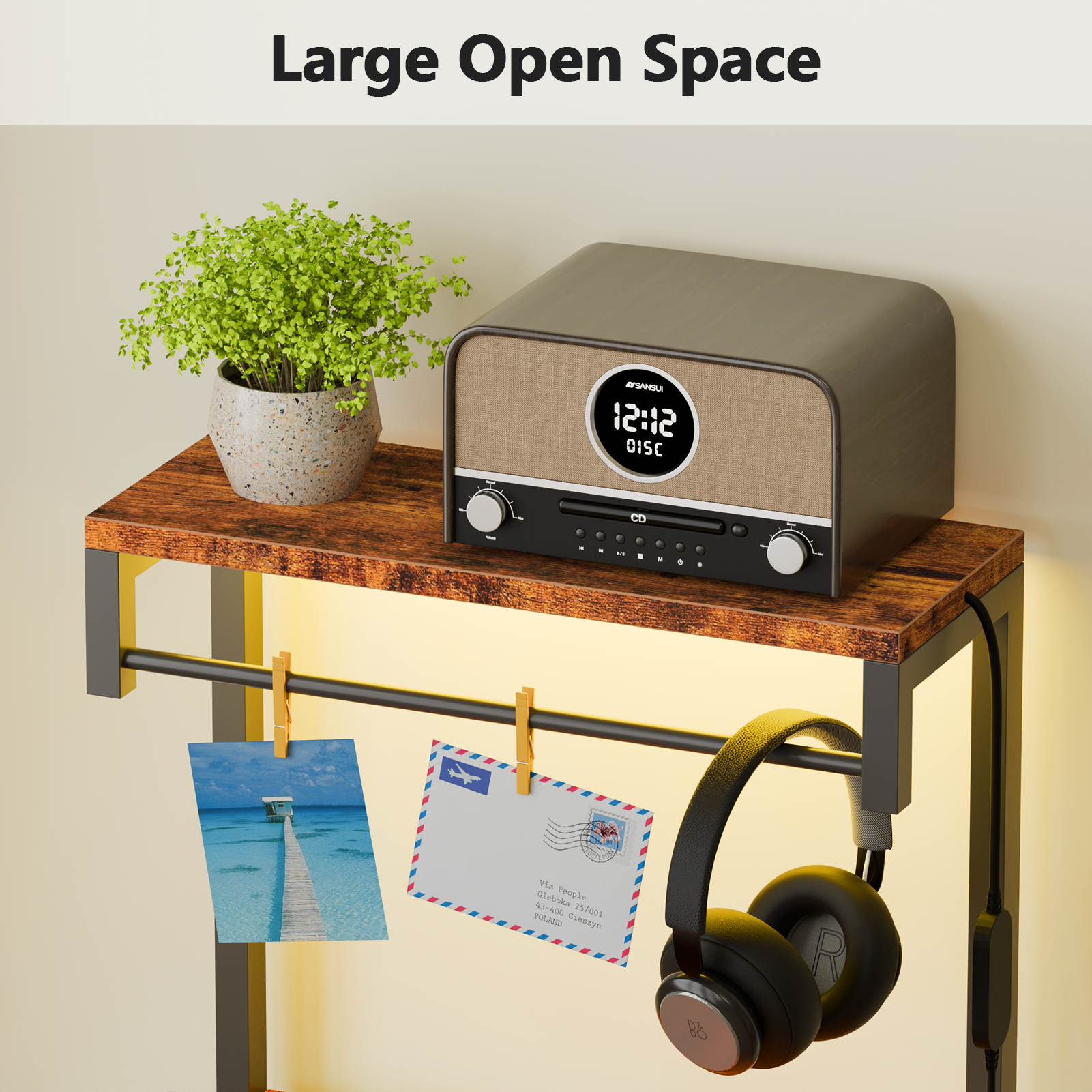 Modern Brown Nightstand with LED Lights Charging Station USB Ports 4 Fabric Drawers 4 Tier Storage Shelves Tall Bedside Side End Table Organizer