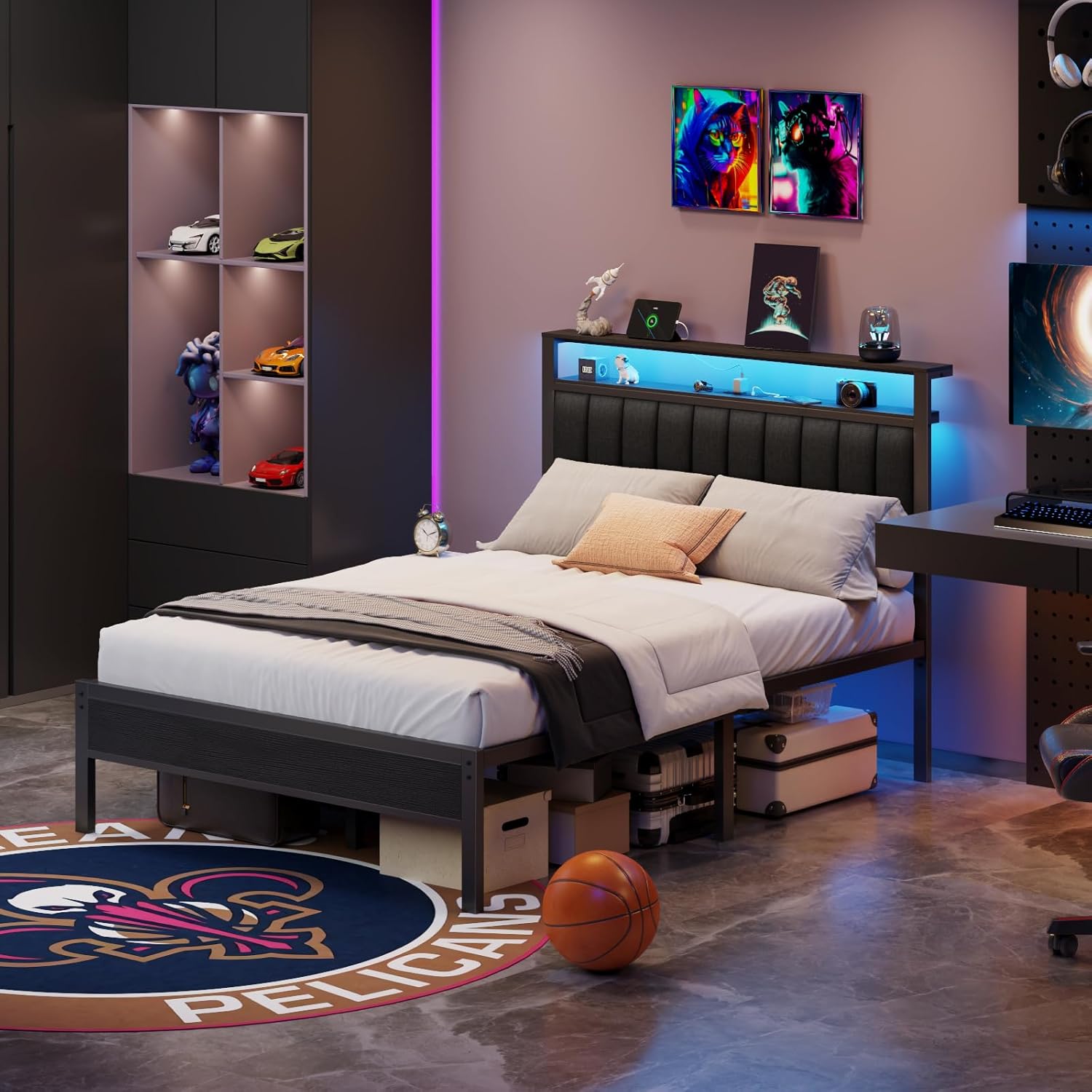 Furnulem Queen Size bed frame with charging station and LED light gray upholstered headboard two-tier storage shelves no spring mattress required