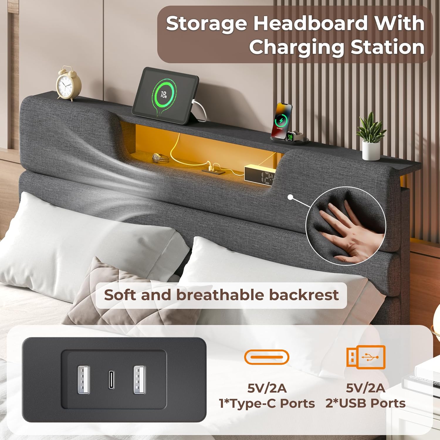 Furnulem Queen Size Bed Frames with Upholstered Headboard Bed with Charging Station and Led Lights Bed Frame with Sturdy Wooden Slats/2-Tier Storage