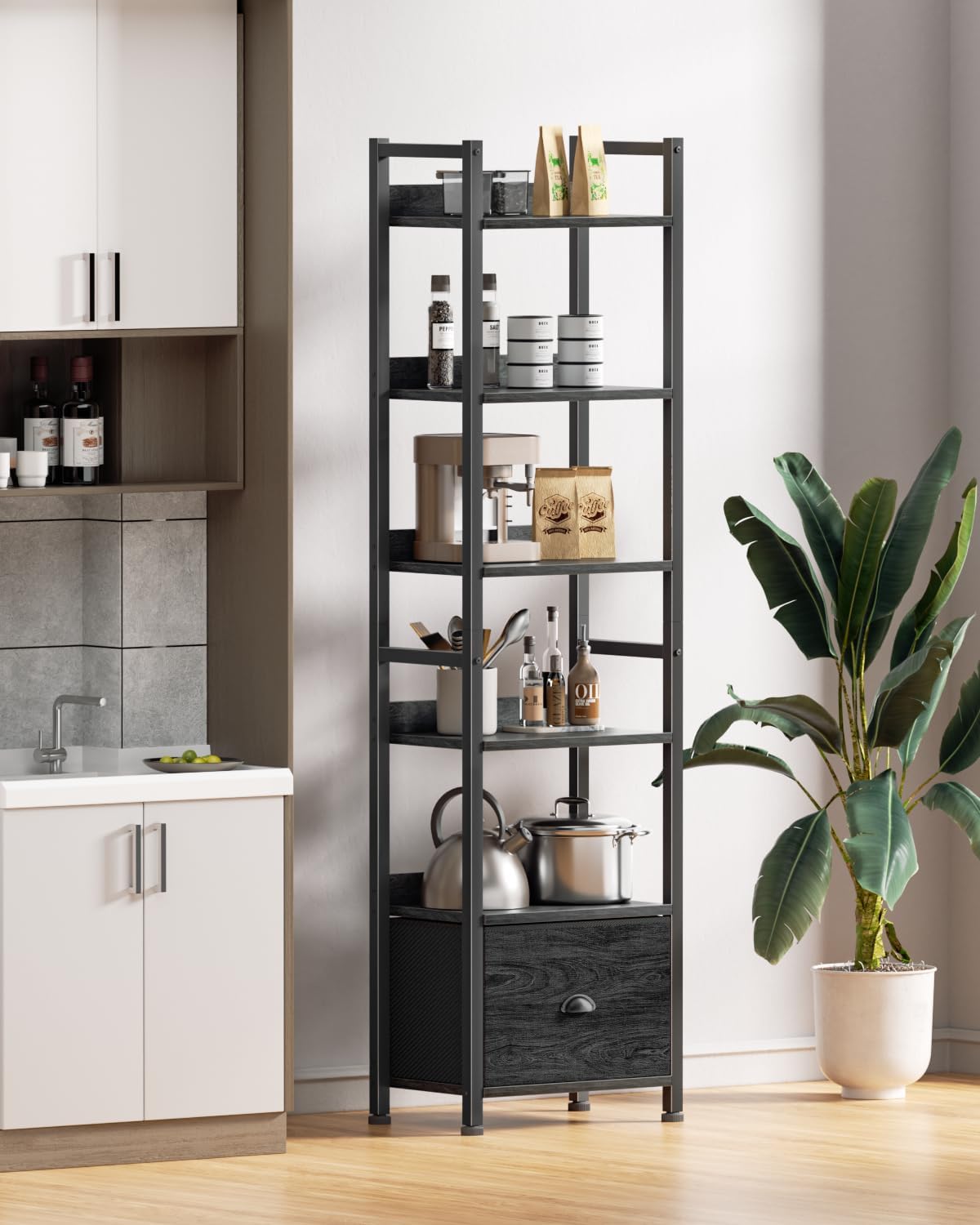 Qwatto Black 6 Tier Bookshelf with Drawer Tall Industrial Wood Metal Freestanding Storage Display Shelves Etagere Bookcase Organizer for Home Office