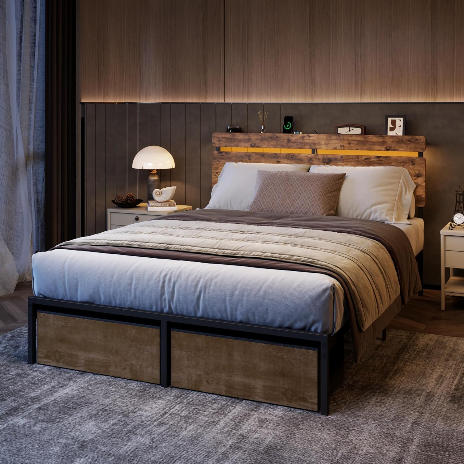 Full Size Bed Frame with Wood Headboard Metal Platform Bed with 2 Storage Drawers  Shelf Built in Charging Station  LED Lights No Box Spring Needed
