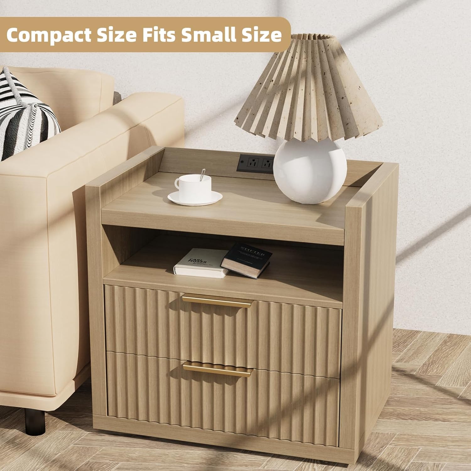 Furnulem Fluted Nightstands with Charging Station 24" Wide Nightstand with 2 Drawers Mid Century Side Table Natural Wooden End Table with Open Shelves